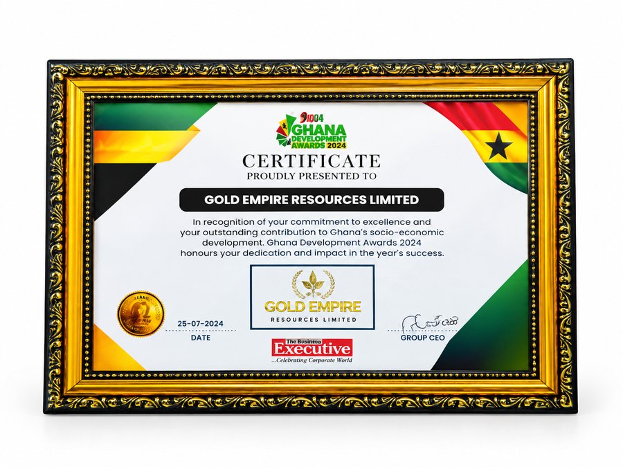 Ghana Development Awards 2024 certificate presented to Gold Empire Resources Limited for outstanding contribution to Ghana's socio-economic development
