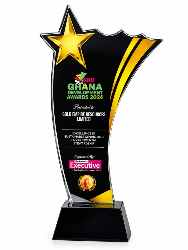 Ghana Development Awards 2024 trophy presented to Gold Empire Resources Limited for Excellence in Sustainable Mining and Environmental Stewardship