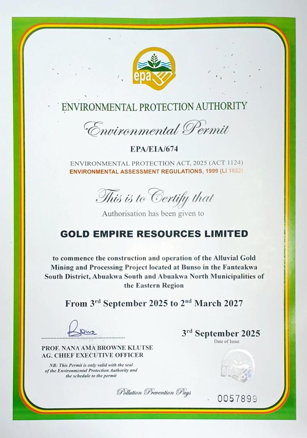 Environmental Protection Authority (Ghana) Environmental Permit EPA/EIA/674 issued to Gold Empire Resources Limited