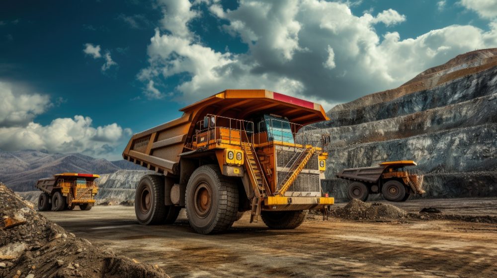 Haul trucks working an open-pit gold mine, representing Gold Empire Resources' large-scale operations